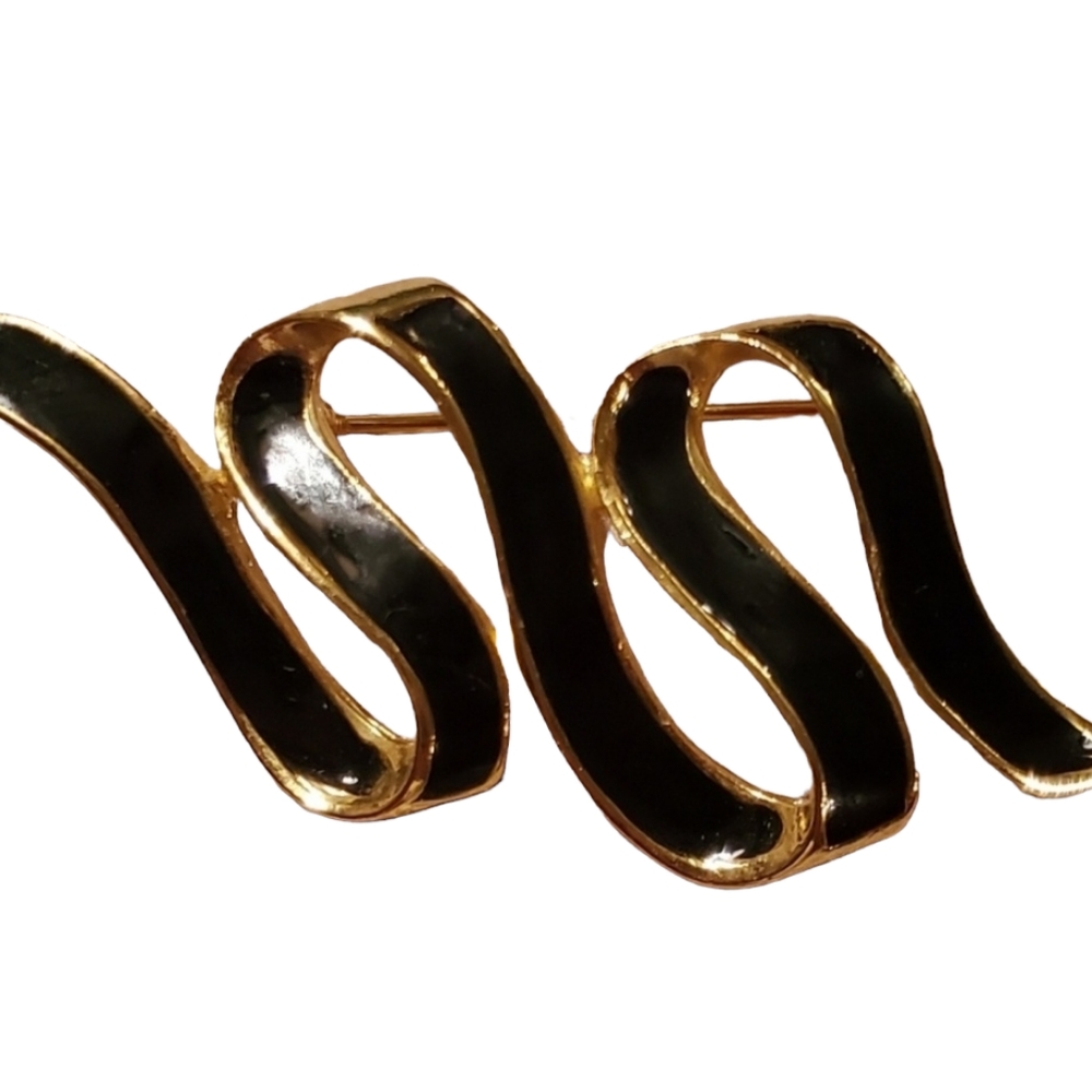 Vintage M Jent Black Enamel & Goldtone Metal Ribbon Brooch